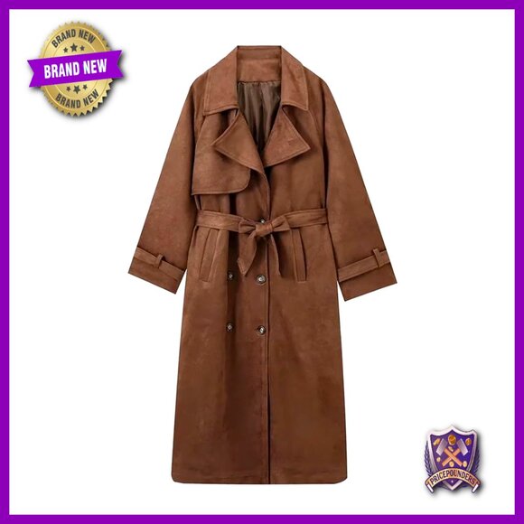 Faux Suede Trench Coat Double Breasted Belted Long Pea Coat Chic Classic